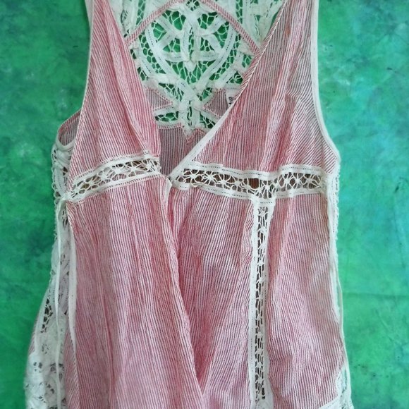 Free People Vintage Boho NEW Lace Red Ivory Stripe - Picture 2 of 6
